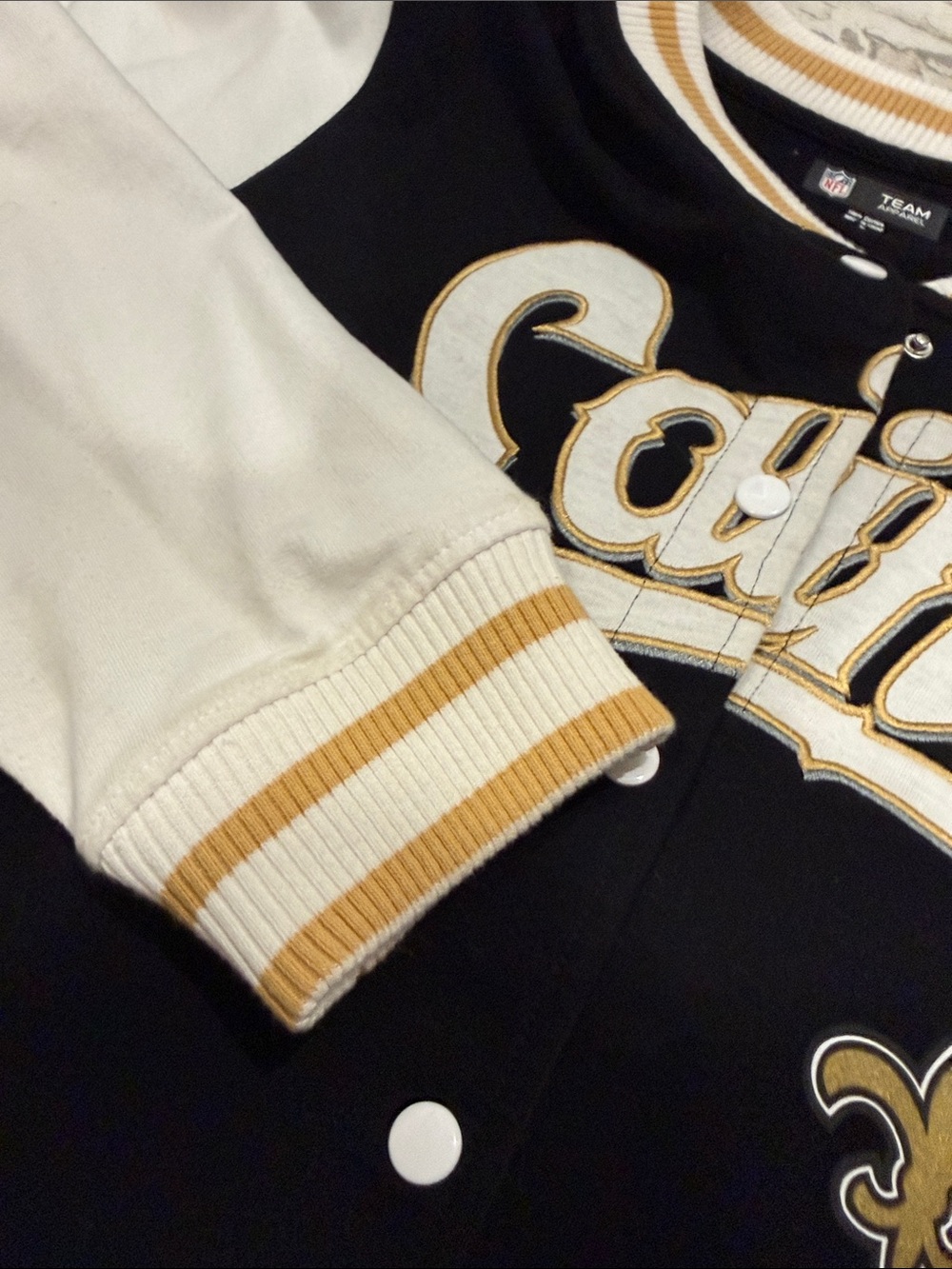 NFL Saints Black White and Gold Varsity Jacket - Picture 4 of 5
